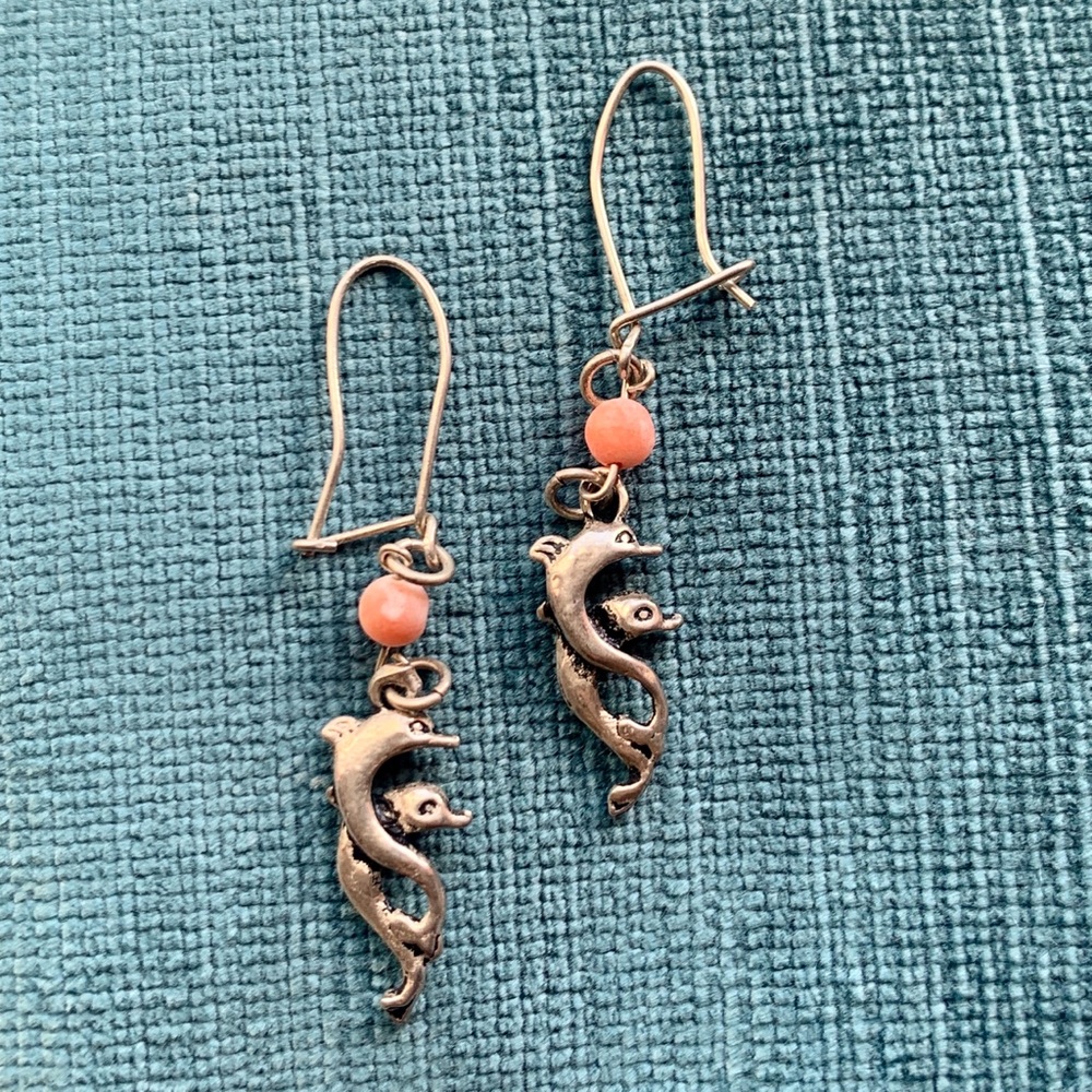Vintage Sterling Silver Dolphin Earrings Coral Bead Pierced Ears Greece 925